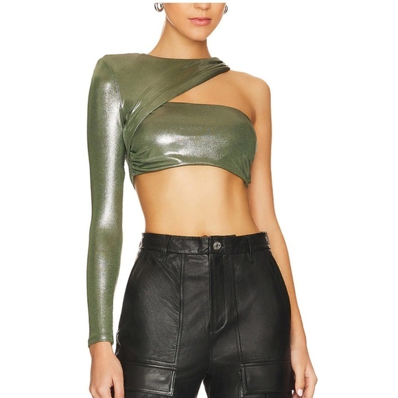 NBD Vea One Shoulder Crop Top Metallic Green SMALL Asymmetrical Cut Out - Picture 1 of 10